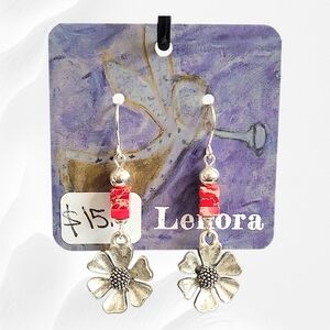 Hand Crafted Imperial-Jasper Floral Earrings Red And Silver Dangle
